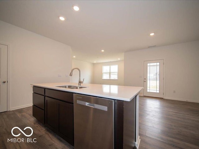6322 Granby Dr, Whitestown, IN 46075 - kitchen featuring dishwasher, dark wood-style floors, light countertops, open floor plan, and recessed lighting
