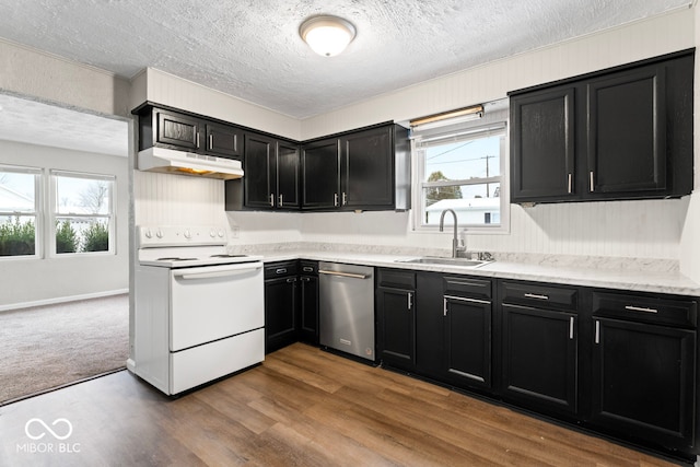 kitchen with sink, electric stove, dishwasher, hardwood / wood-style floors, and plenty of natural light