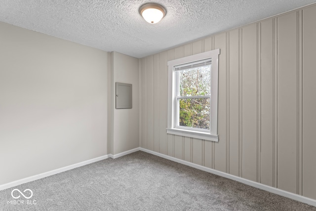 spare room featuring carpet flooring and a textured ceiling