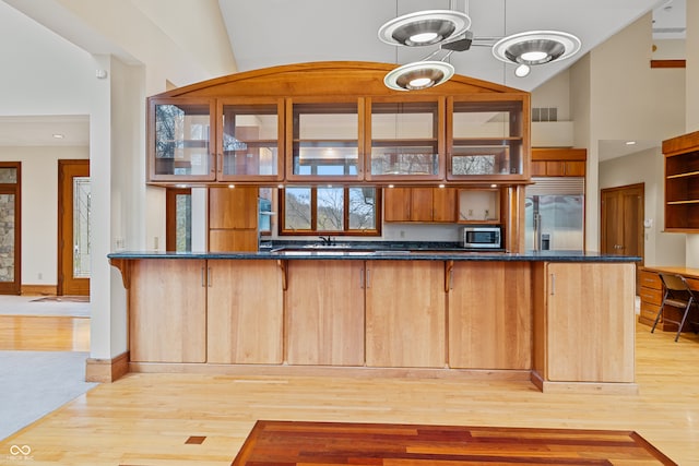 kitchen with kitchen peninsula, pendant lighting, stainless steel appliances, and light hardwood / wood-style floors