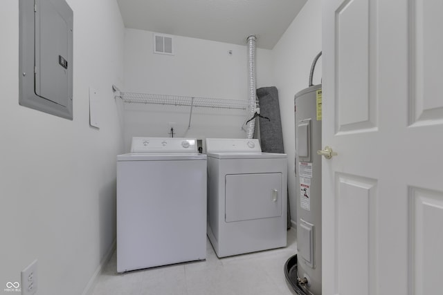 clothes washing area with independent washer and dryer, electric water heater, and electric panel