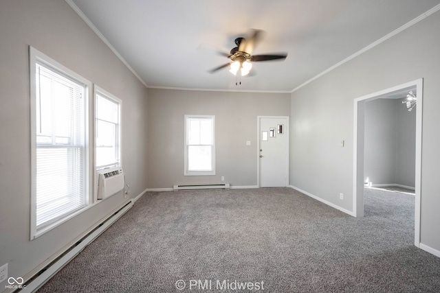 interior space with carpet flooring, crown molding, cooling unit, and a baseboard heating unit