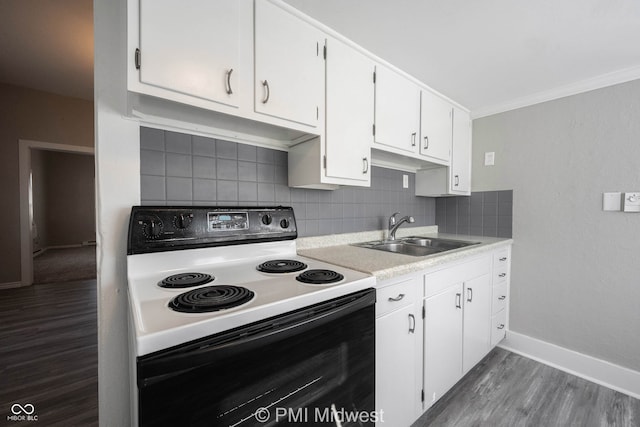 kitchen with white cabinetry, sink, dark wood-type flooring, white electric range, and decorative backsplash