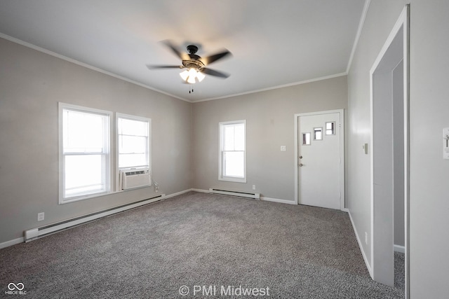 carpeted empty room with ceiling fan, cooling unit, ornamental molding, and a baseboard heating unit