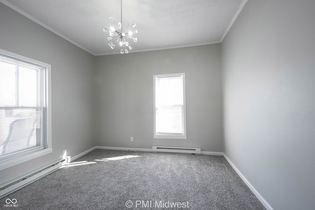 empty room with carpet flooring, crown molding, a baseboard radiator, and a notable chandelier