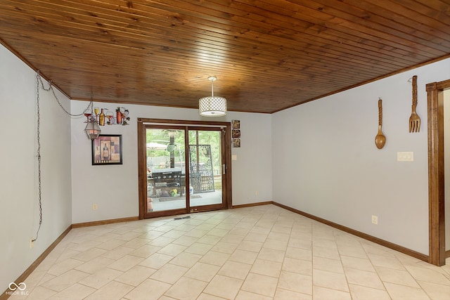 spare room featuring light tile patterned flooring, ornamental molding, and wood ceiling