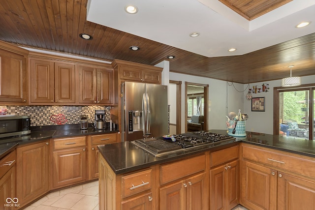 kitchen featuring tasteful backsplash, ornamental molding, stainless steel appliances, wooden ceiling, and light tile patterned flooring