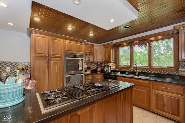 kitchen featuring decorative backsplash, wood ceiling, stainless steel appliances, sink, and light tile patterned floors