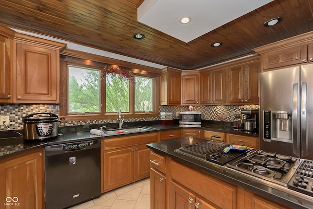 kitchen with decorative backsplash, wooden ceiling, sink, and appliances with stainless steel finishes