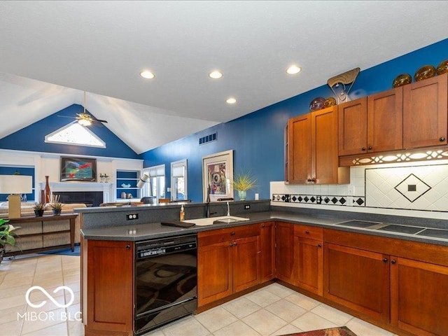 12954 Water Ridge Dr, Fishers, IN 46055 - kitchen featuring black dishwasher, dark countertops, a peninsula, a ceiling fan, and brown cabinets