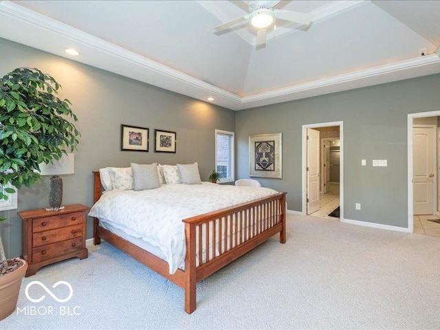 12954 Water Ridge Dr, Fishers, IN 46055 - bedroom featuring light colored carpet, recessed lighting, baseboards, high vaulted ceiling, and a ceiling fan