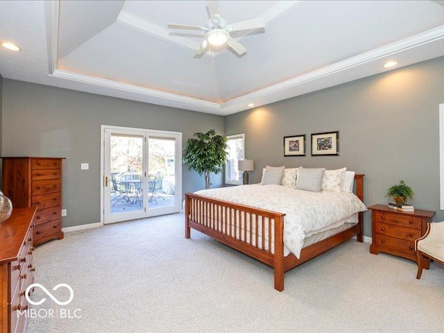 12954 Water Ridge Dr, Fishers, IN 46055 - bedroom with access to exterior, carpet floors, a raised ceiling, baseboards, and recessed lighting