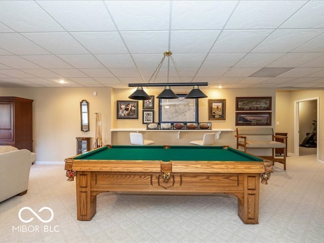 rec room with light colored carpet and pool table