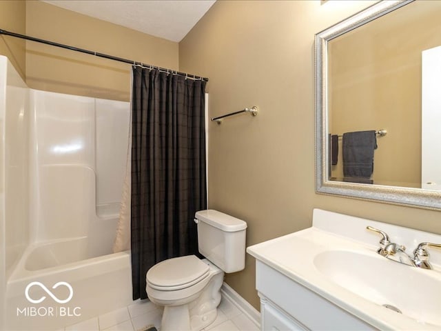 full bathroom featuring toilet, vanity, tile patterned floors, and shower / tub combo with curtain