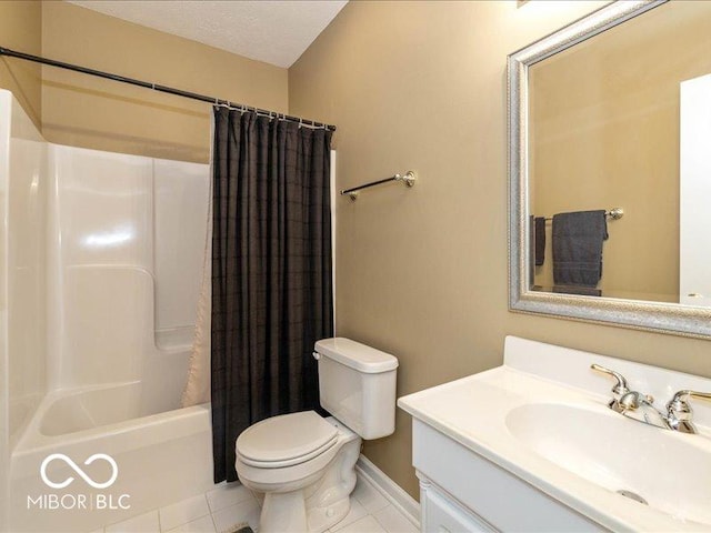 12954 Water Ridge Dr, Fishers, IN 46055 - full bathroom with vanity, toilet, shower / bathtub combination with curtain, tile patterned flooring, and baseboards
