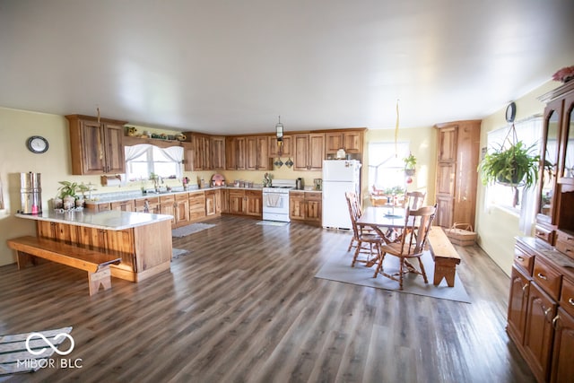 kitchen with kitchen peninsula, dark hardwood / wood-style flooring, decorative light fixtures, and white appliances