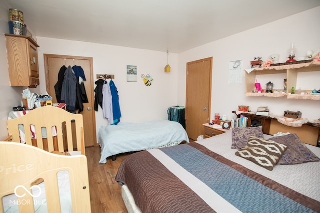 bedroom with light wood-type flooring and a closet