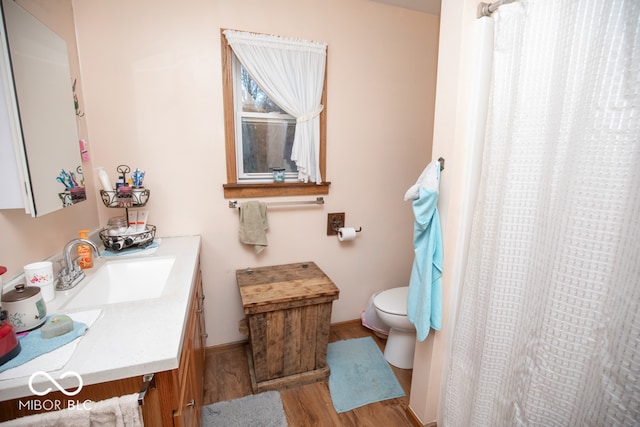 bathroom featuring vanity, hardwood / wood-style flooring, and toilet