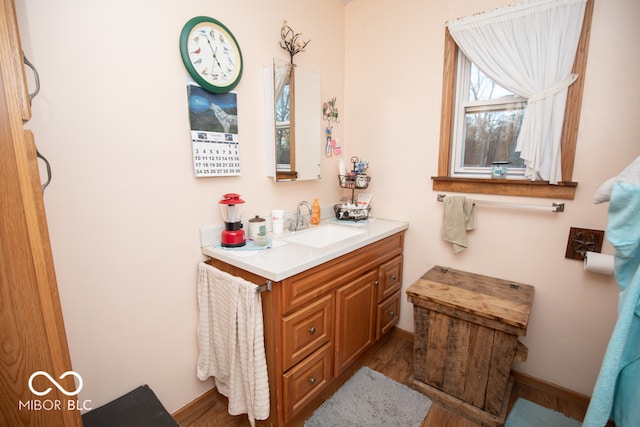 bathroom featuring vanity and wood-type flooring