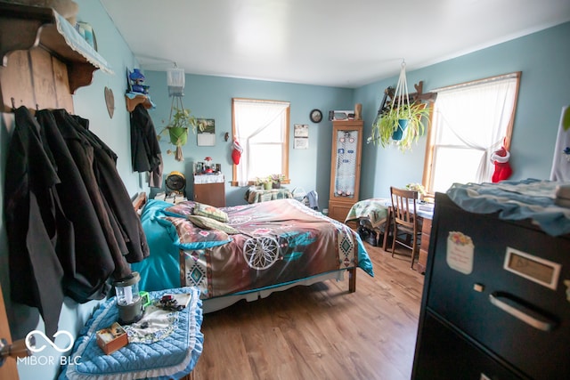 bedroom with hardwood / wood-style flooring and multiple windows