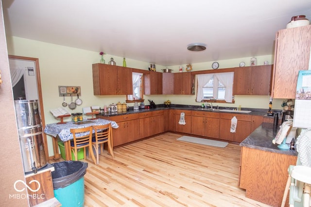 6255 E County Road 850 N, North Vernon, IN 47265 - kitchen with light wood-type flooring, dark countertops, healthy amount of natural light, and brown cabinetry