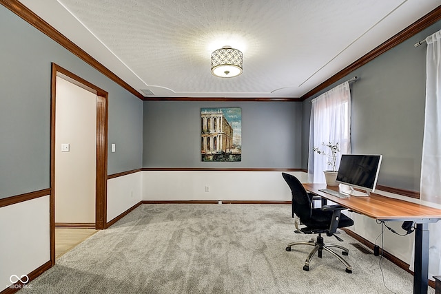 carpeted office space with a textured ceiling and ornamental molding