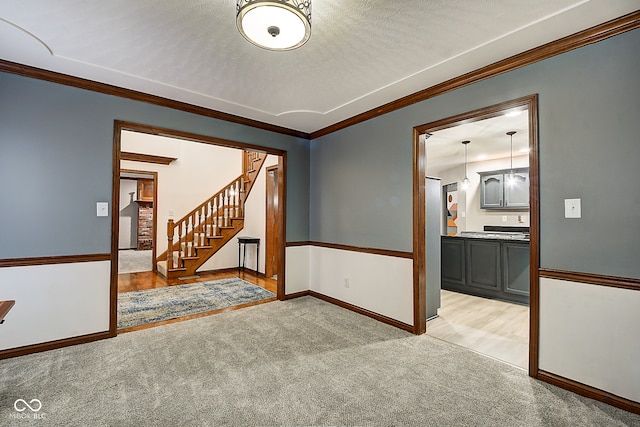 carpeted empty room with a textured ceiling and ornamental molding