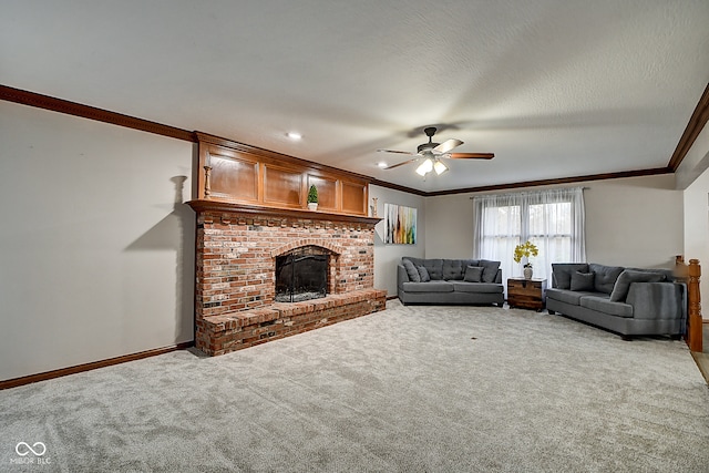 living room featuring carpet, a textured ceiling, ceiling fan, and ornamental molding