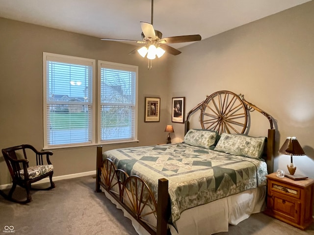 bedroom with light carpet and ceiling fan