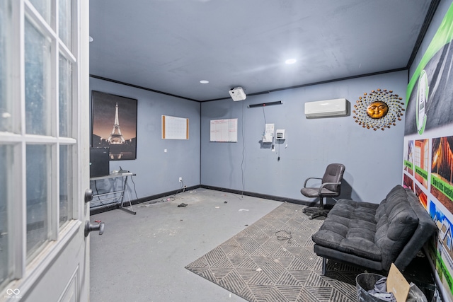 interior space featuring an AC wall unit, baseboards, and concrete floors