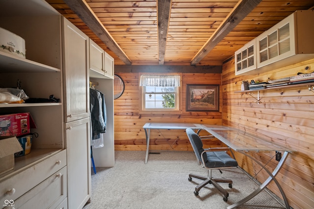 home office with beam ceiling, light colored carpet, wooden ceiling, and wood walls