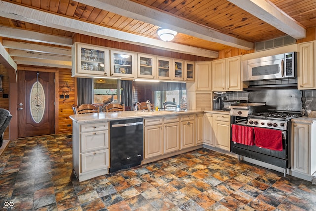 kitchen with tasteful backsplash, wooden walls, appliances with stainless steel finishes, a peninsula, and wood ceiling