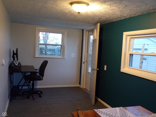 carpeted office with a textured ceiling