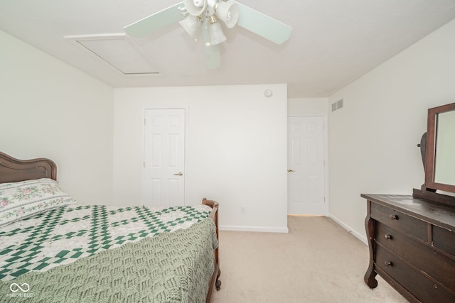 bedroom with light carpet and ceiling fan