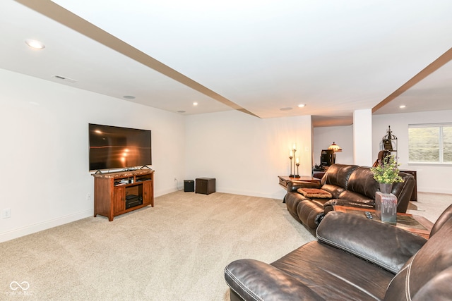 living room featuring light colored carpet