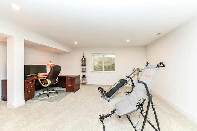 exercise room featuring light carpet