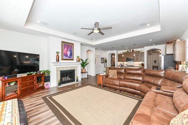 living room featuring a fireplace, a raised ceiling, and light hardwood / wood-style floors