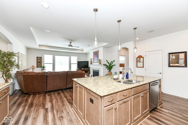 kitchen with dishwasher, an island with sink, a raised ceiling, ceiling fan, and sink