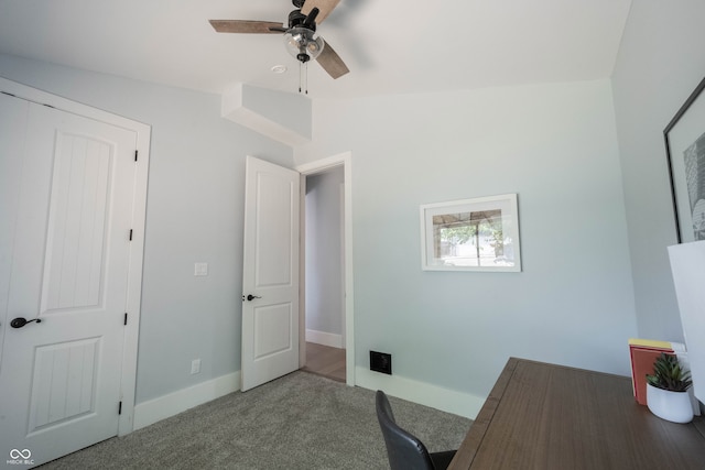 office with ceiling fan, carpet floors, and lofted ceiling