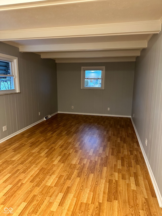 spare room featuring beam ceiling, wooden walls, and wood-type flooring