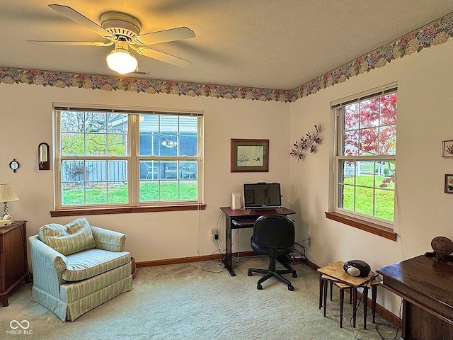 carpeted office with ceiling fan and a textured ceiling