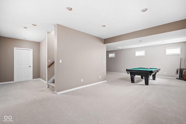 playroom featuring light colored carpet and billiards