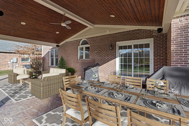 view of patio with ceiling fan and an outdoor hangout area