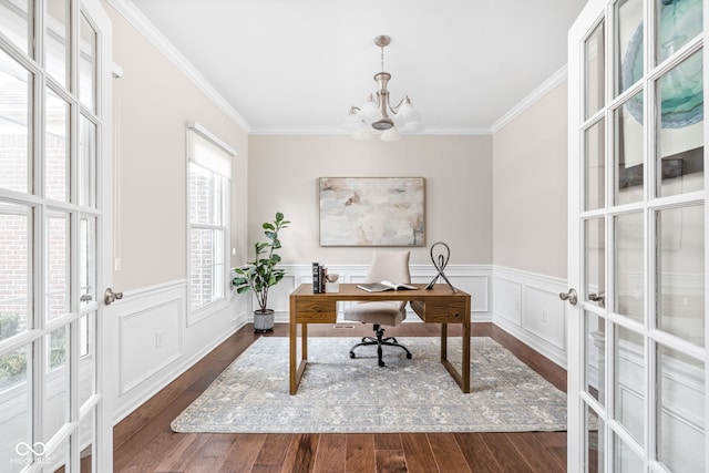 office area featuring dark wood-type flooring, a chandelier, french doors, and ornamental molding