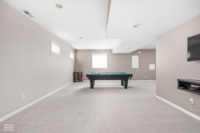 playroom with light colored carpet and pool table