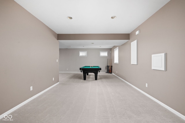 game room featuring light colored carpet and billiards