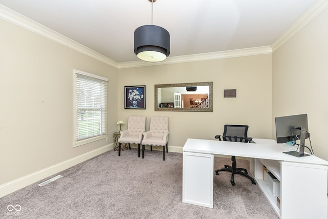 office space featuring crown molding and light colored carpet