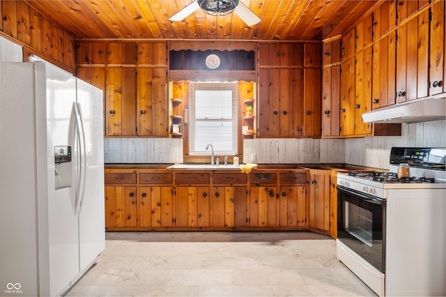 kitchen with ceiling fan, sink, white appliances, decorative backsplash, and wood ceiling