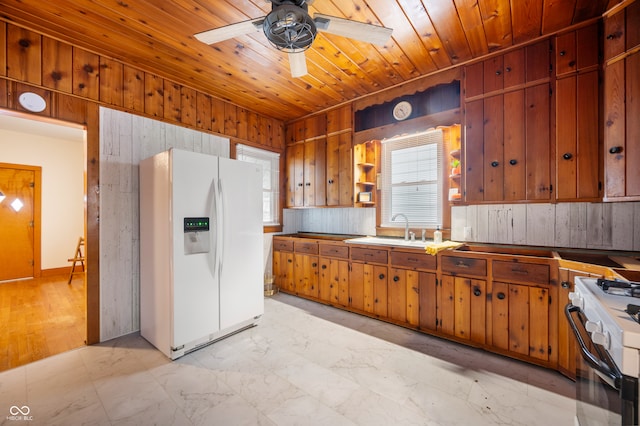 kitchen with ceiling fan, sink, wood walls, white appliances, and wood ceiling