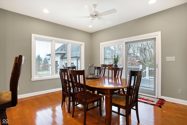 dining room featuring ceiling fan and wood-type flooring